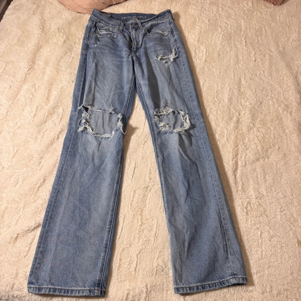 American Eagle Outfitters Light Wash Distressed Wide-Leg Jeans